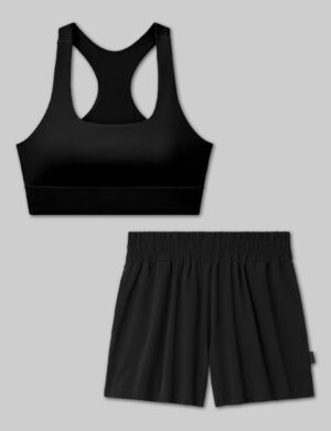 Low Impact Racerback Sports Bra & Luxe Traveler Woven Short Set